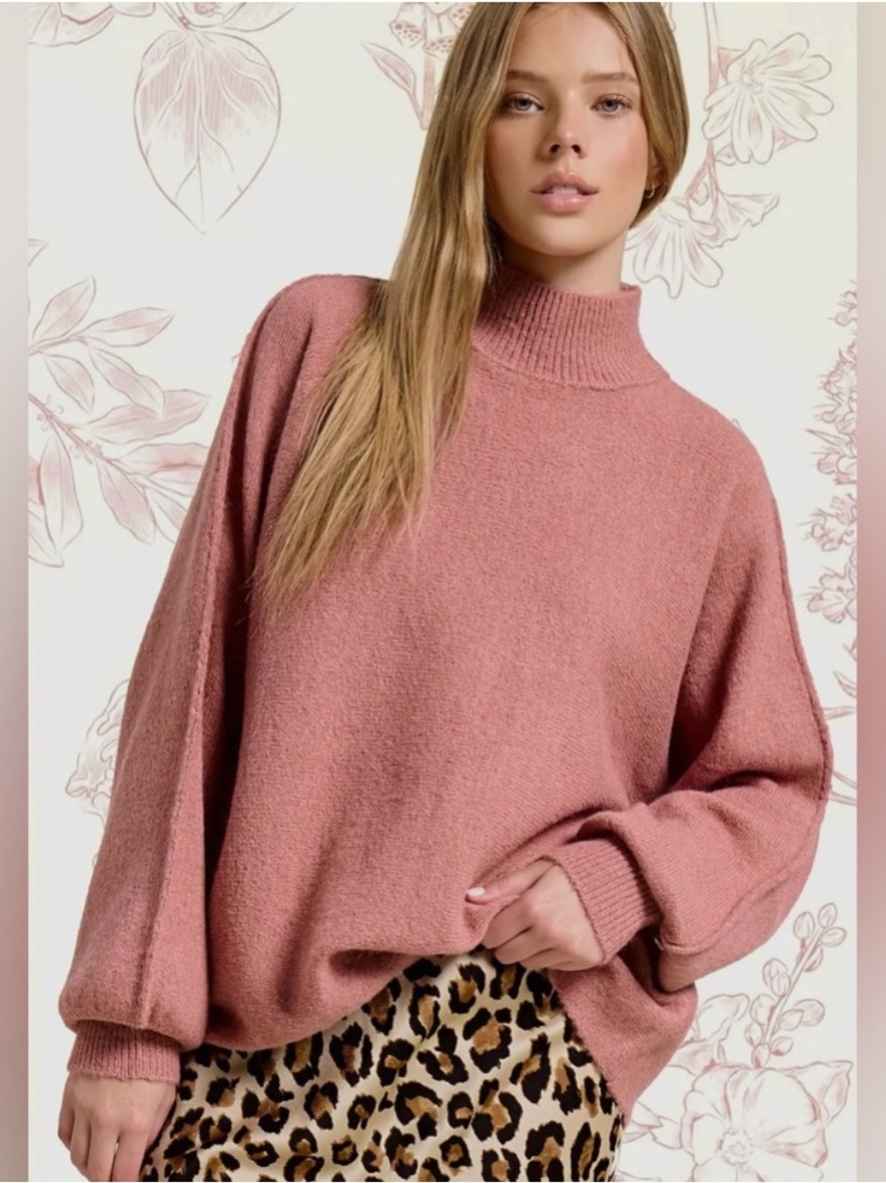 144. Dusty Rose Oversized Mock Neck Balloon Sleeve Knit Sweater, various sizes
